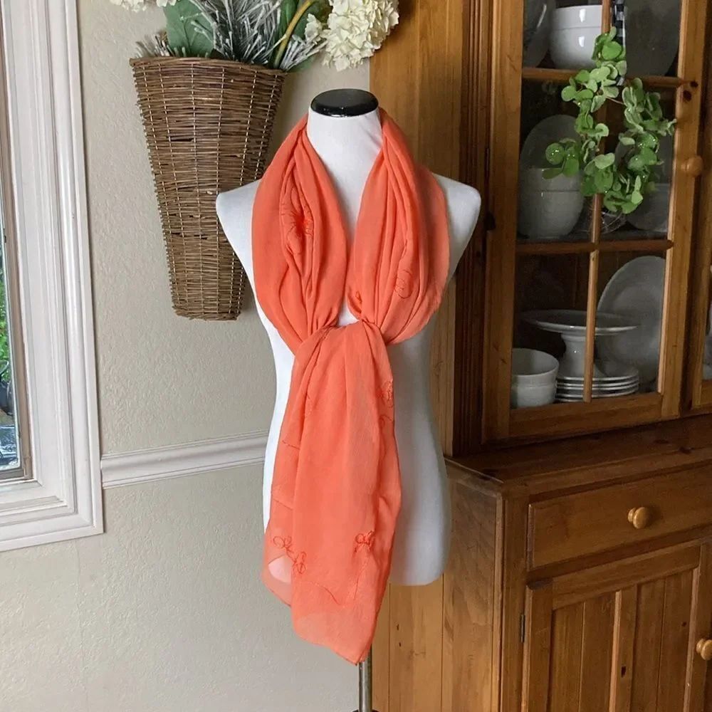 Lightweight Spring Summer Orange Embroidered Neck Scarf 🧣